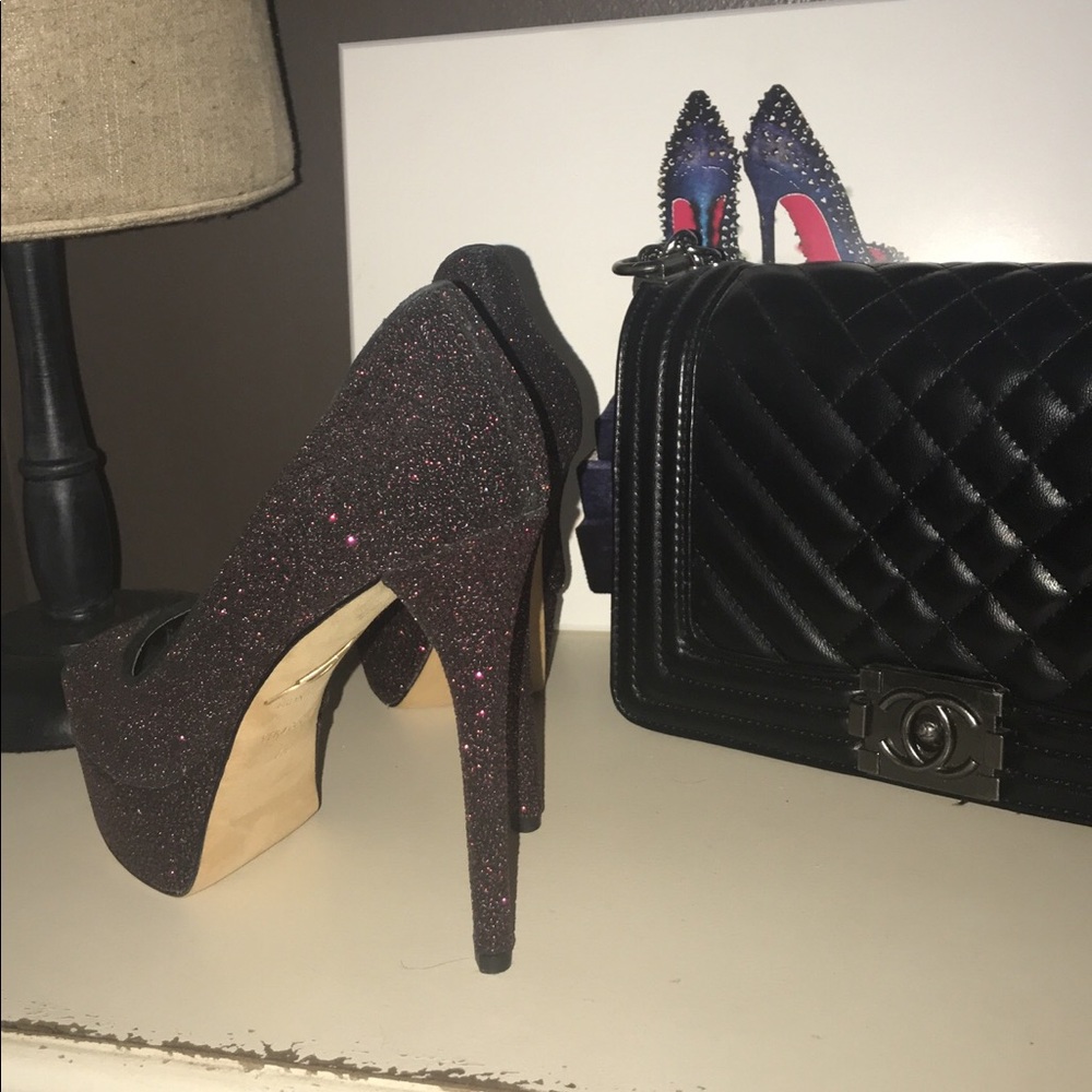 NWOB Brian Atwood Black & Red Glitter Heels Sz 7.5 - Picture 6 of 6